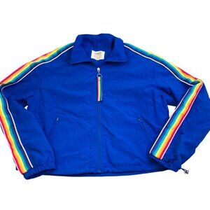 Ashley By 26 International Blue Crop Jacket Rainbow Stripes Womens L 80s Retro